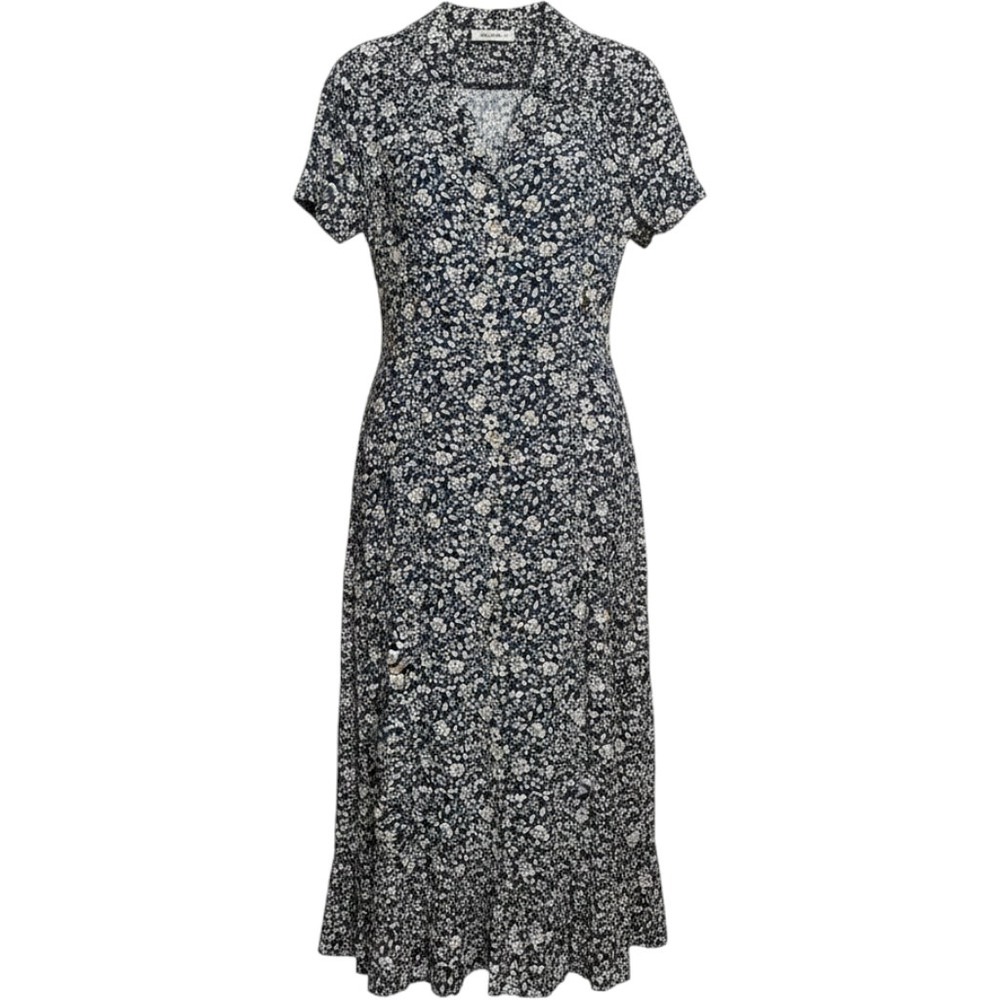 Vtg Sheri Martin Floral Maxi Dress Rayon Button Front Short Sleeve 16 Navy Boho